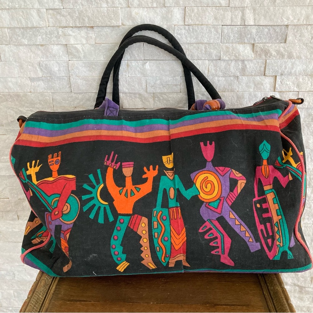 🧡💚💙💜bright cotton canvas duffel /w zip inner pocket Happy dancers/ musicians